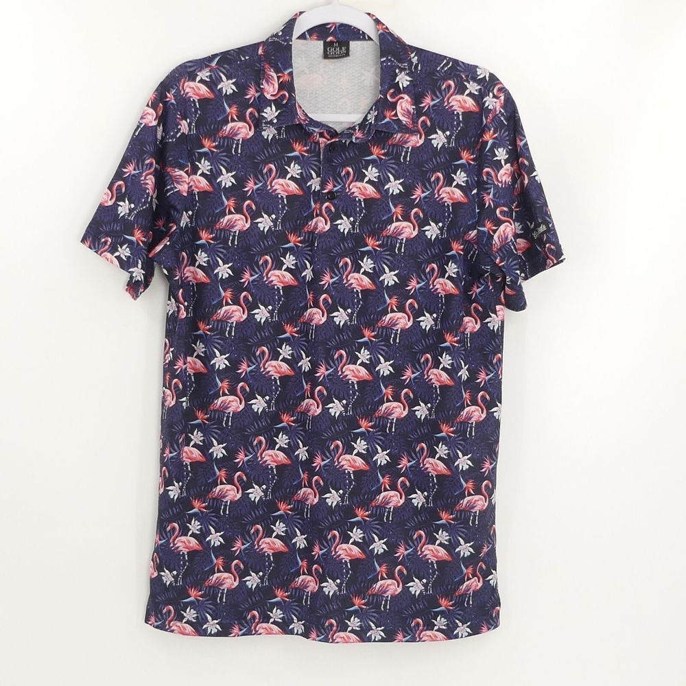 Golf Gods Flamingo Floral Hawaiian Print Polo Shirt Blue Men's Medium M‎